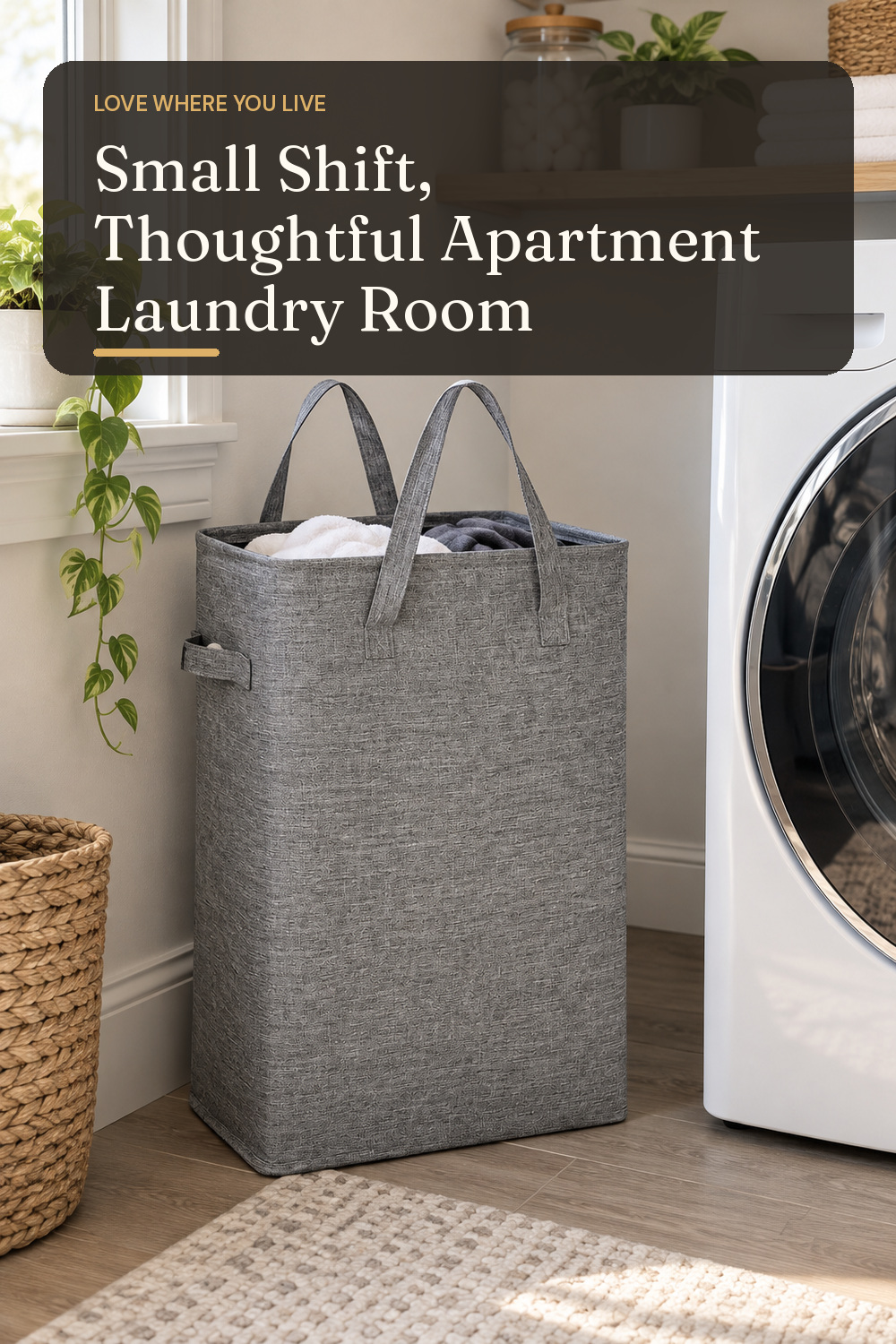 A laundry organizer used in a compact apartment laundry zone with natural window light and practical everyday styling.