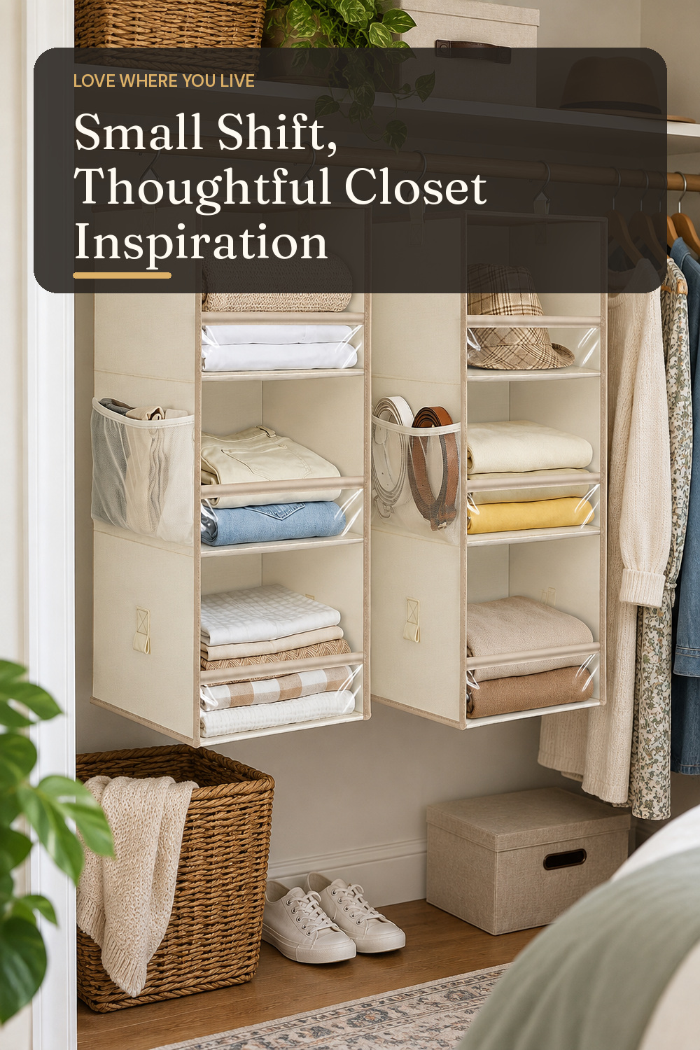 A closet organizer used in a real apartment bedroom closet with natural window light and practical everyday styling.