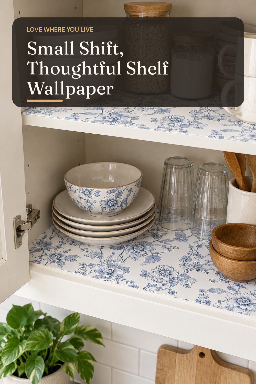 A removable shelf liner used in a lived-in rental kitchen cabinet with natural window light and practical everyday styling.