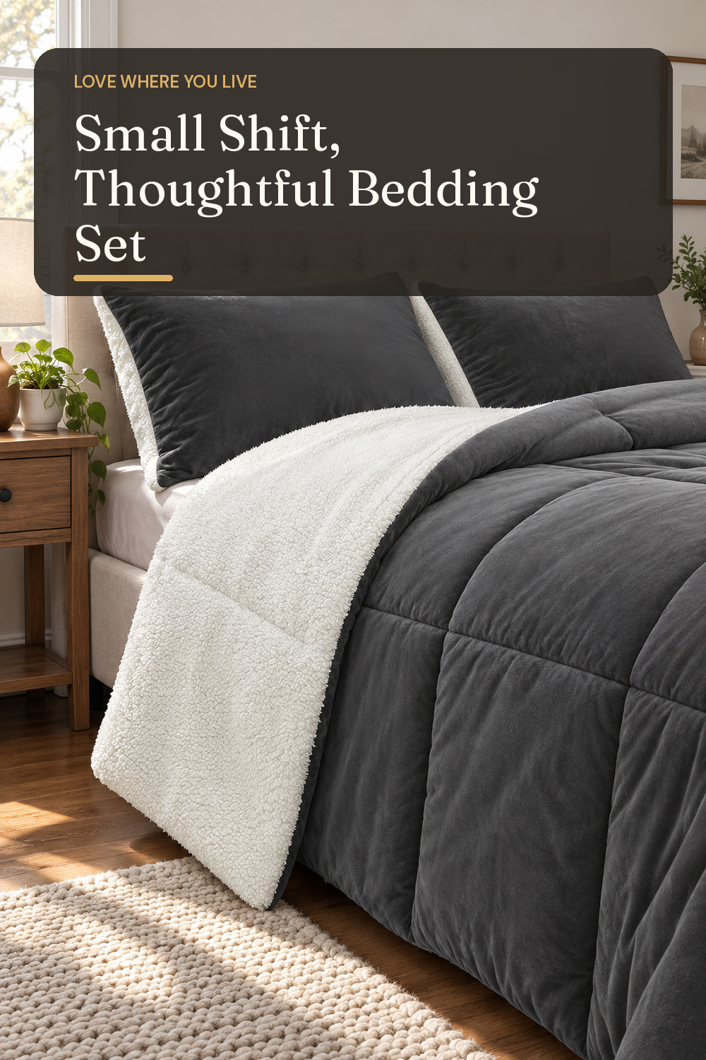 A bedding set used in a believable everyday bedroom with natural window light and practical everyday styling.