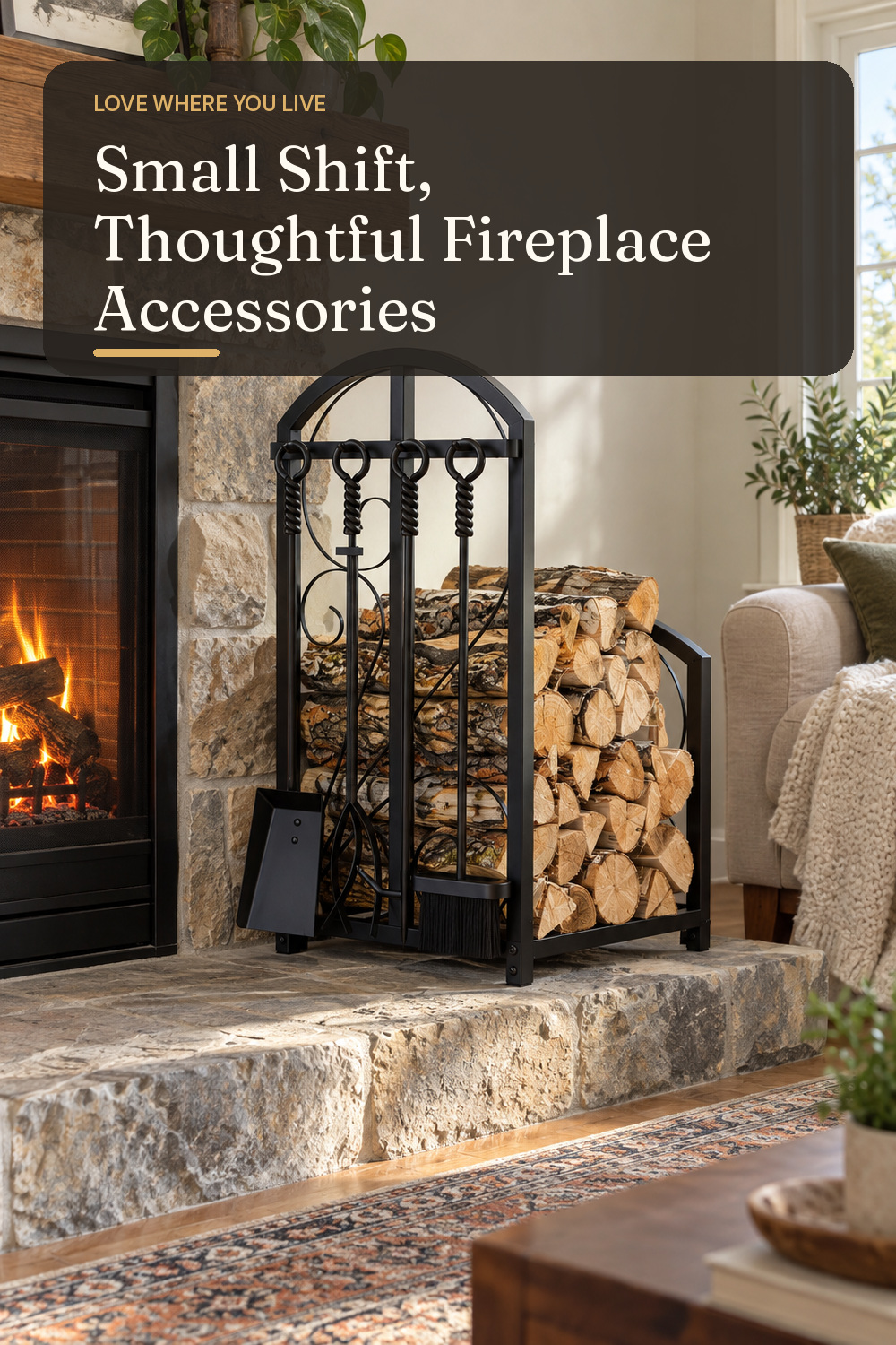 A firewood holder used in a real living-room hearth with natural window light and practical everyday styling.