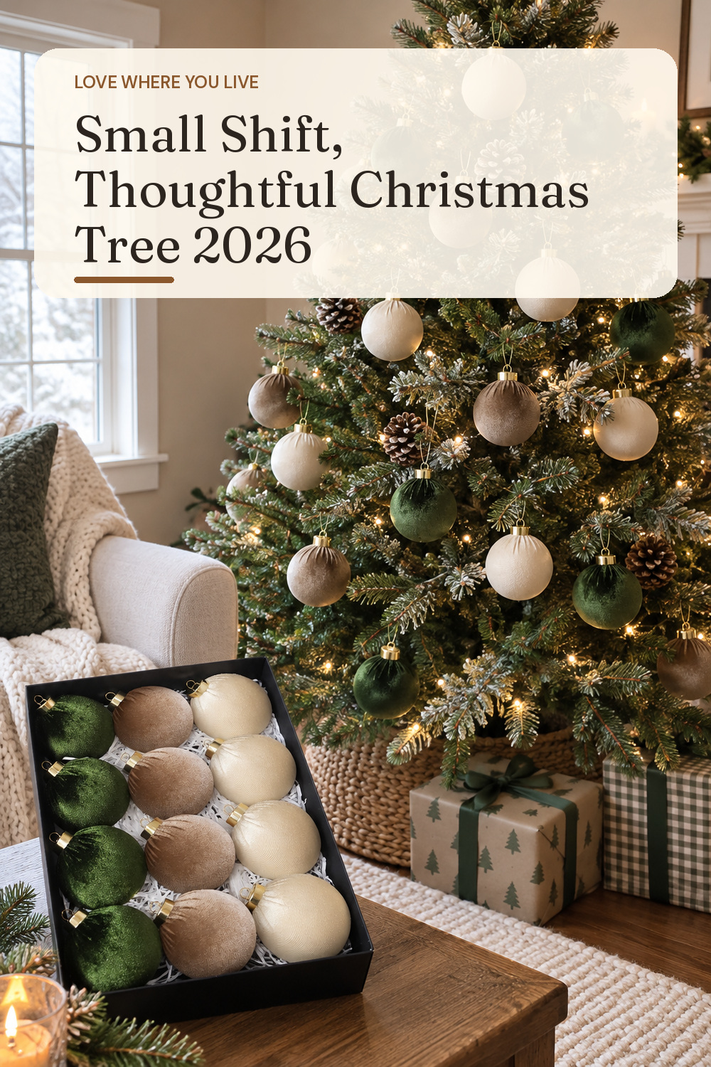 A tree ornament set used in a modest lived-in living room at Christmas with natural window light and practical everyday styling.