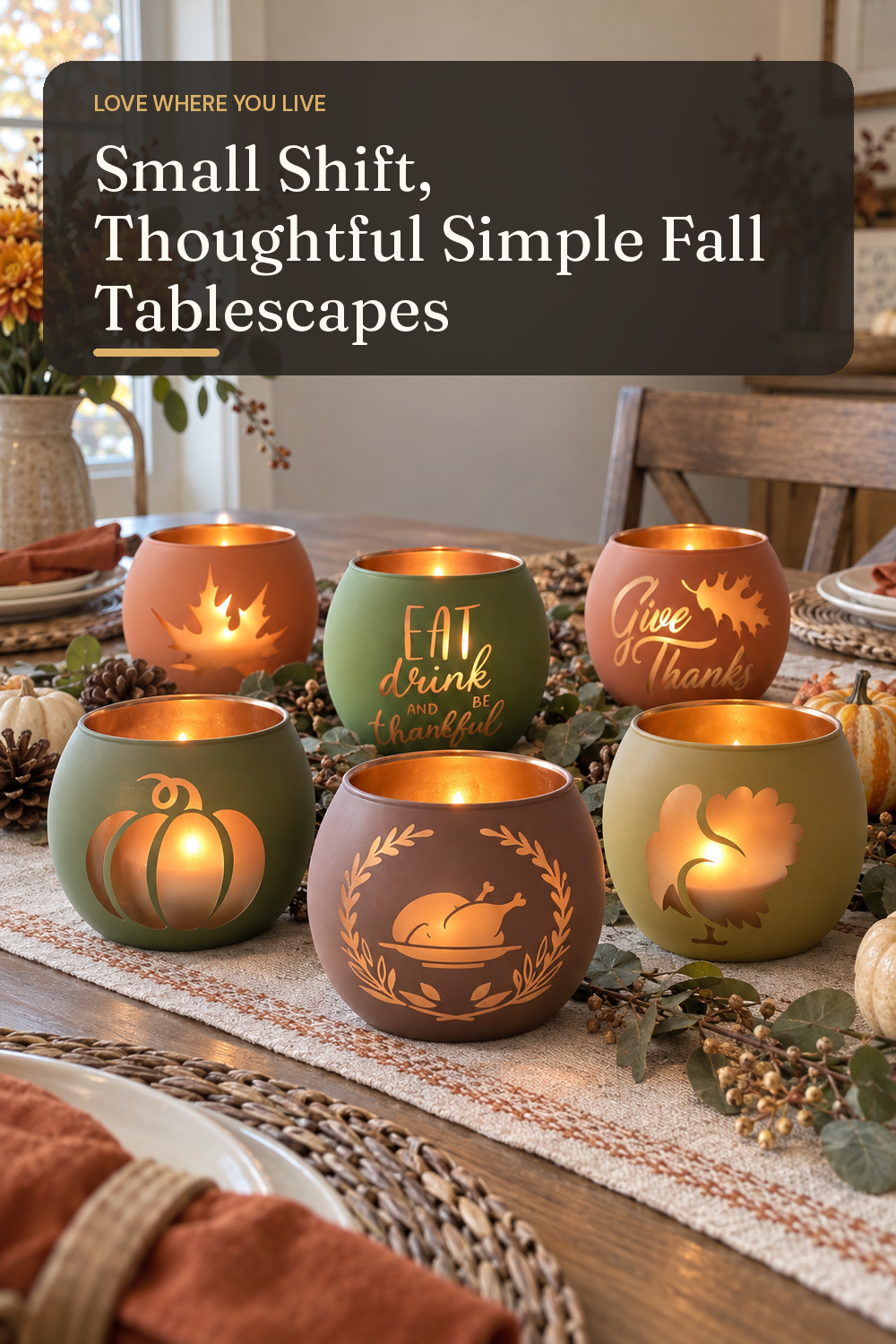 A candle holder set used in an everyday dining table set for fall with natural window light and practical everyday styling.