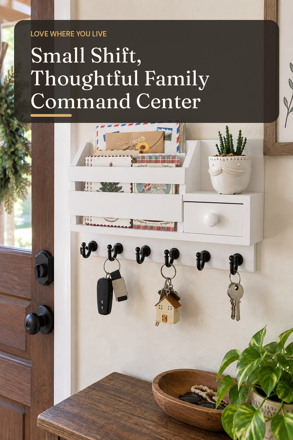 A wall organizer used in a busy family entry or kitchen wall with natural window light and practical everyday styling.