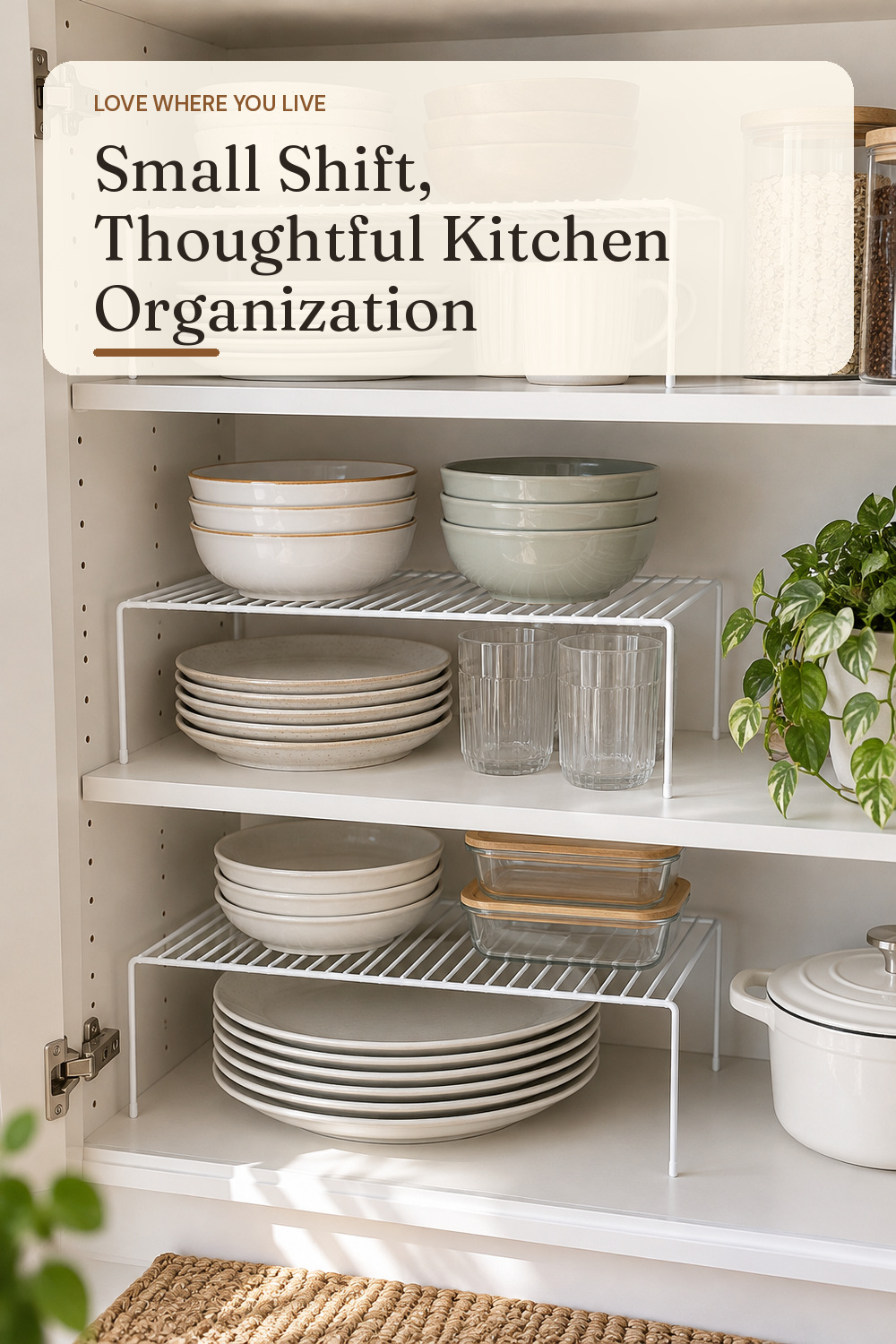 A cabinet shelf riser used in a real compact kitchen with natural window light and practical everyday styling.
