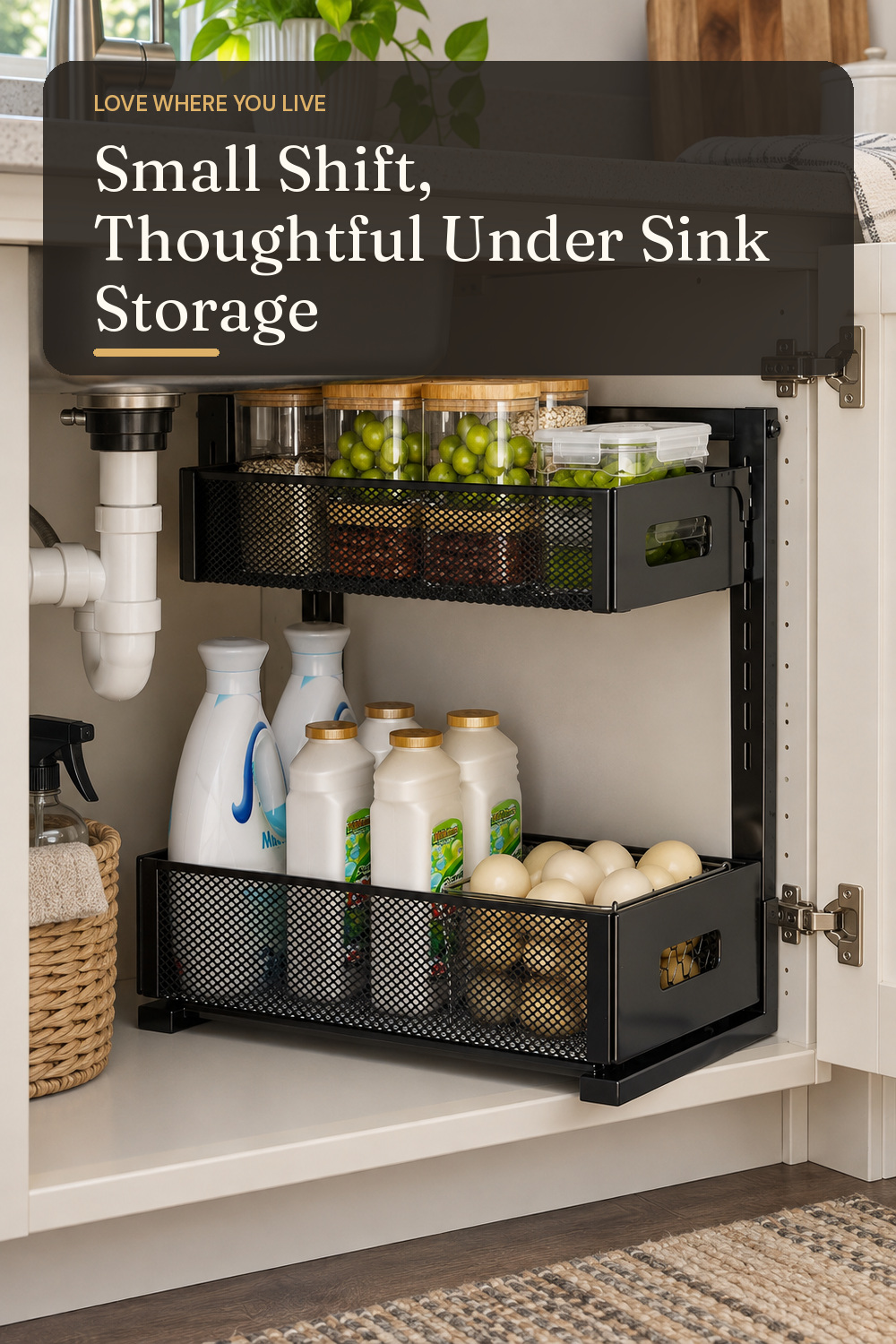 A pull-out cabinet organizer used in a real kitchen or bathroom sink cabinet with natural window light and practical everyday styling.