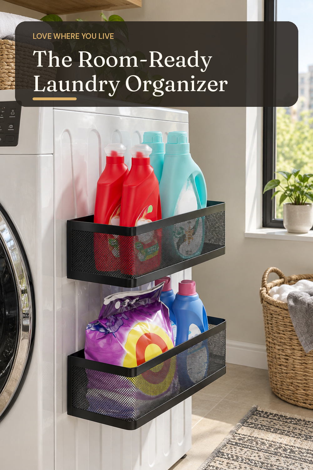 A laundry organizer used in a compact apartment laundry zone with natural window light and practical everyday styling.