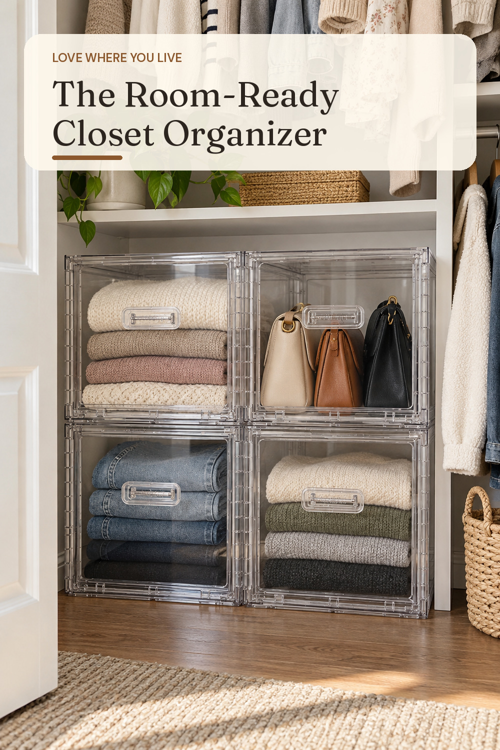 A closet organizer used in a real apartment bedroom closet with natural window light and practical everyday styling.