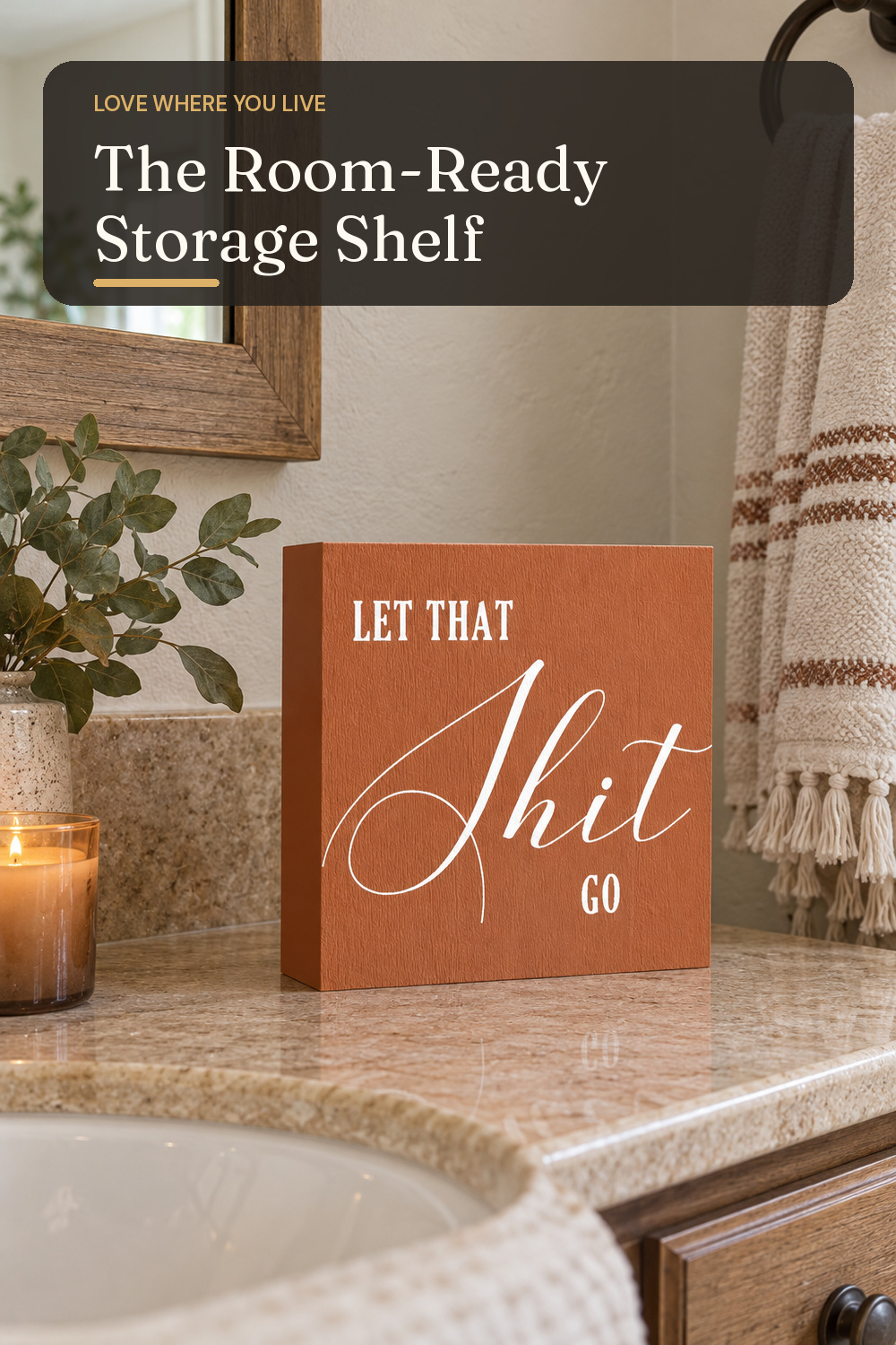 A storage shelf used in a warm everyday bathroom with natural window light and practical everyday styling.