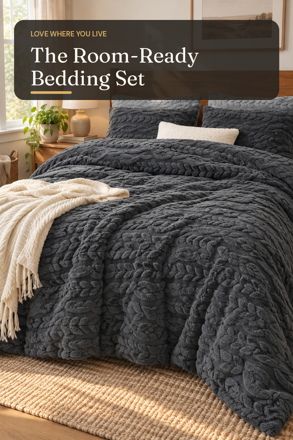 A bedding set used in a believable everyday bedroom with natural window light and practical everyday styling.