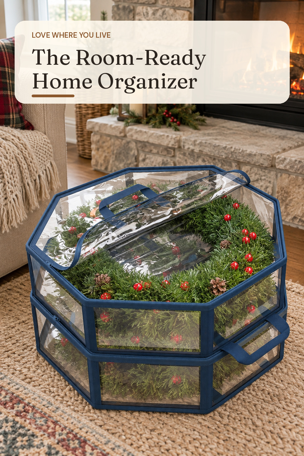 A home organizer used in a real living-room hearth with natural window light and practical everyday styling.