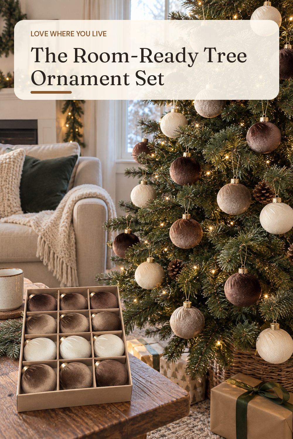A tree ornament set used in a modest lived-in living room at Christmas with natural window light and practical everyday styling.