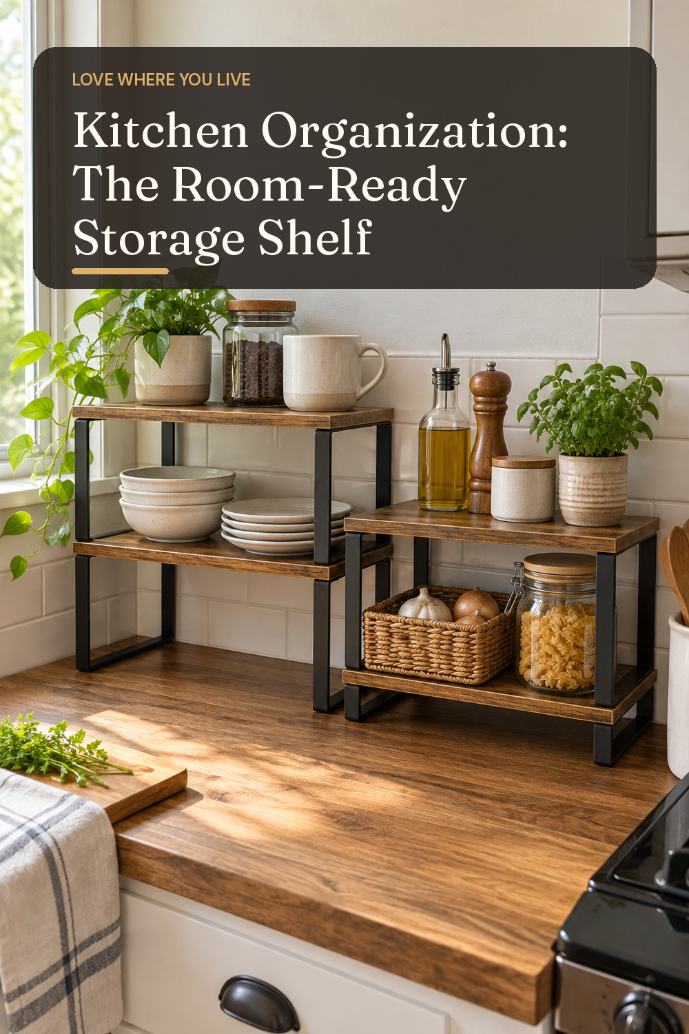 A storage shelf used in a real compact kitchen with natural window light and practical everyday styling.