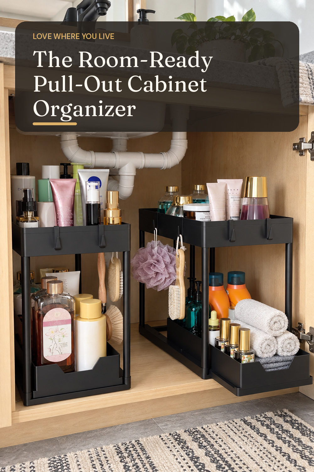 A pull-out cabinet organizer used in a real kitchen or bathroom sink cabinet with natural window light and practical everyday styling.