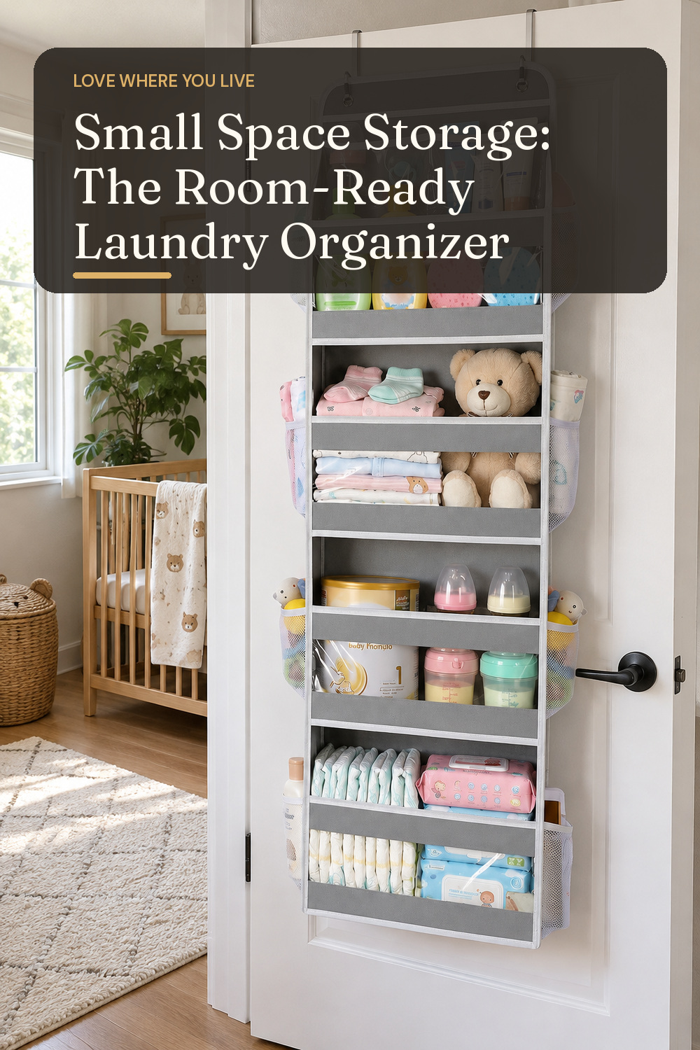 A laundry organizer used in a compact apartment room with natural window light and practical everyday styling.