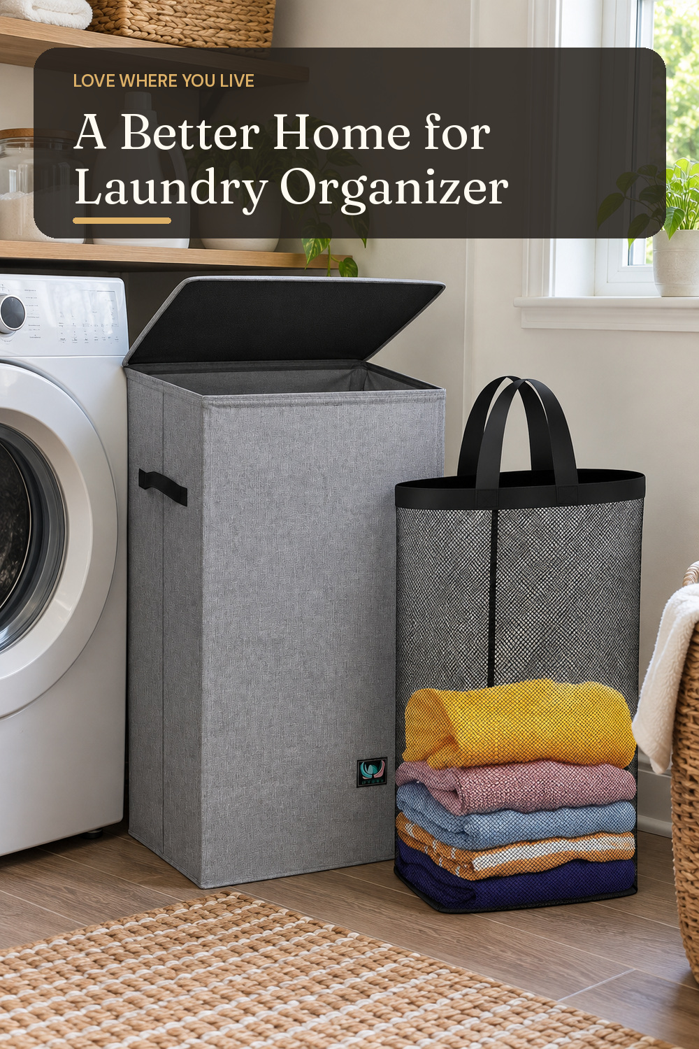 A laundry organizer used in a compact apartment laundry zone with natural window light and practical everyday styling.