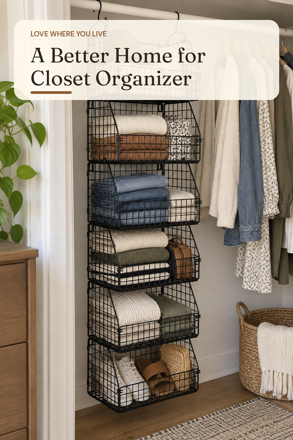 A closet organizer used in a real apartment bedroom closet with natural window light and practical everyday styling.