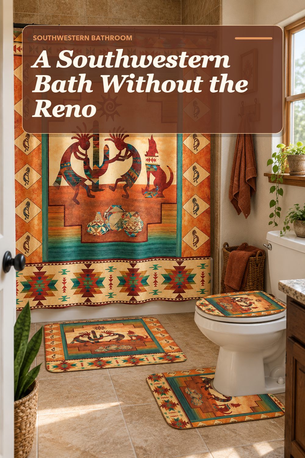 A shower curtain set used in a warm, lived-in bathroom with soft natural light and practical everyday styling.