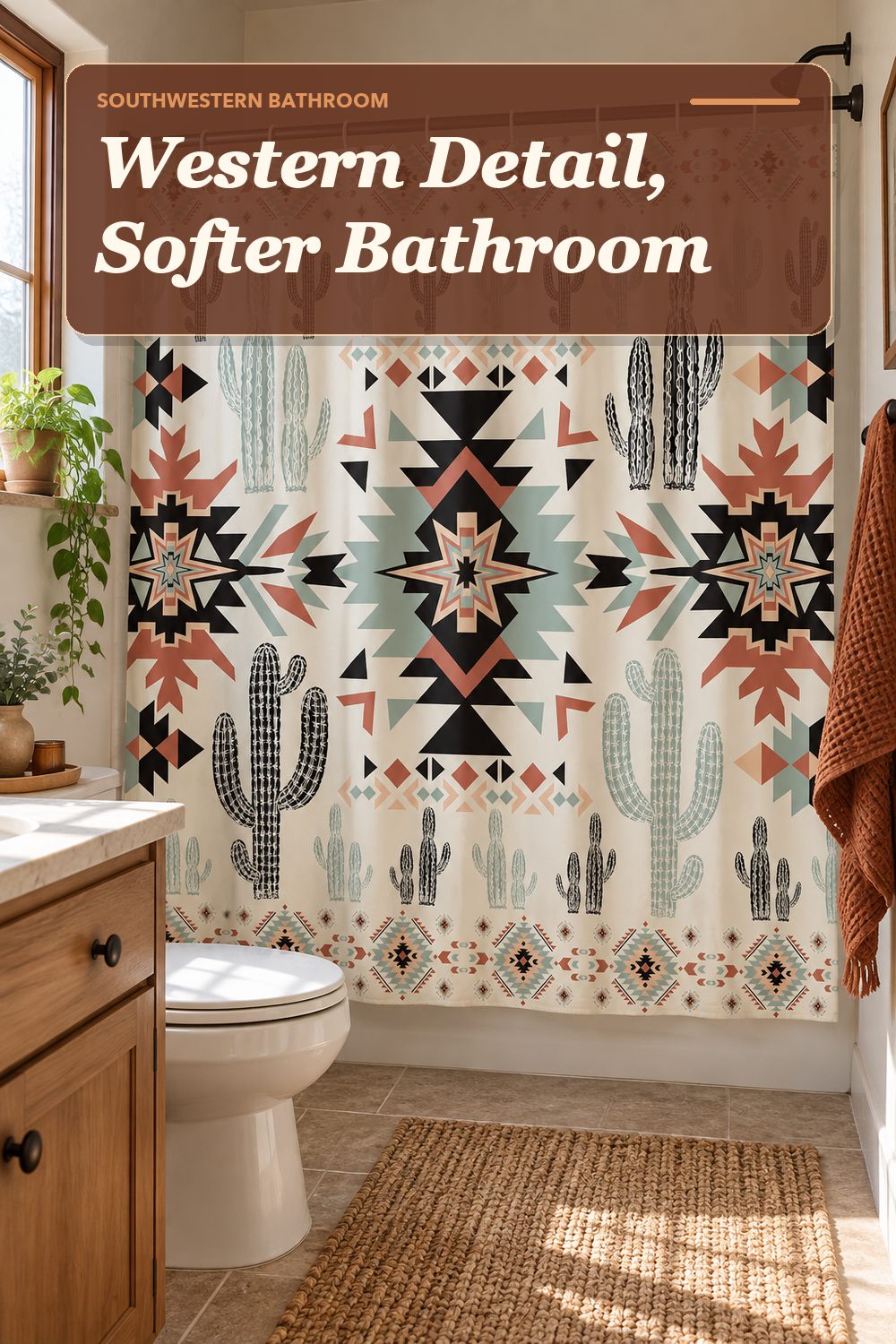 A shower curtain set used in a warm, lived-in bathroom with soft natural light and practical everyday styling.