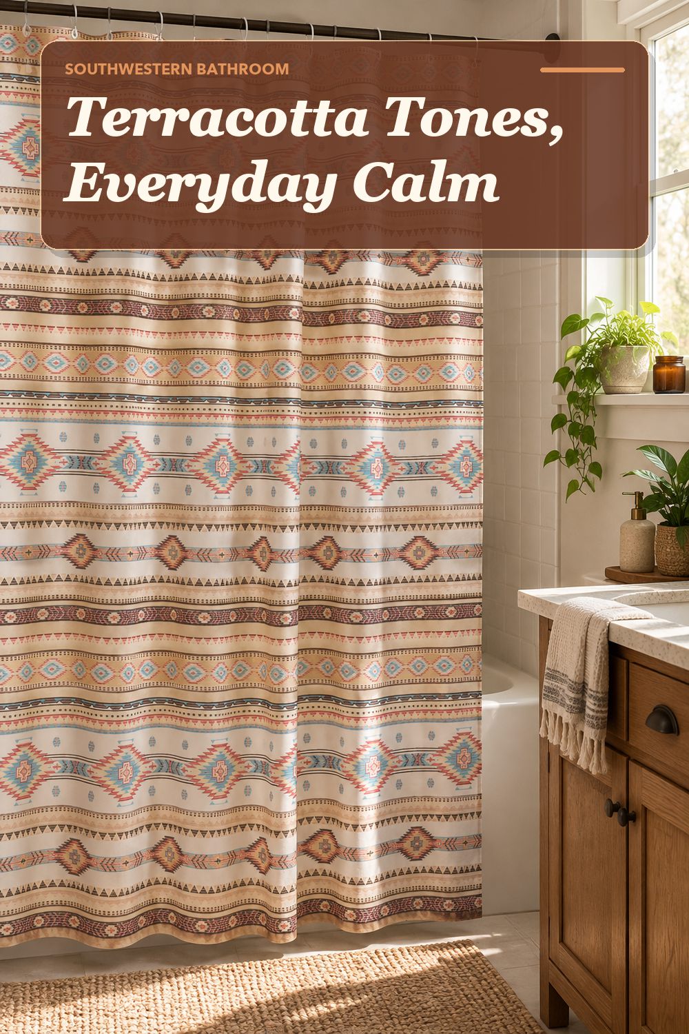 A patterned shower curtain used in a warm, lived-in bathroom with soft natural light and practical everyday styling.