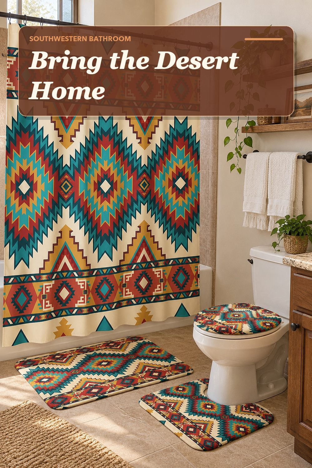 A shower curtain set used in a warm, lived-in bathroom with soft natural light and practical everyday styling.
