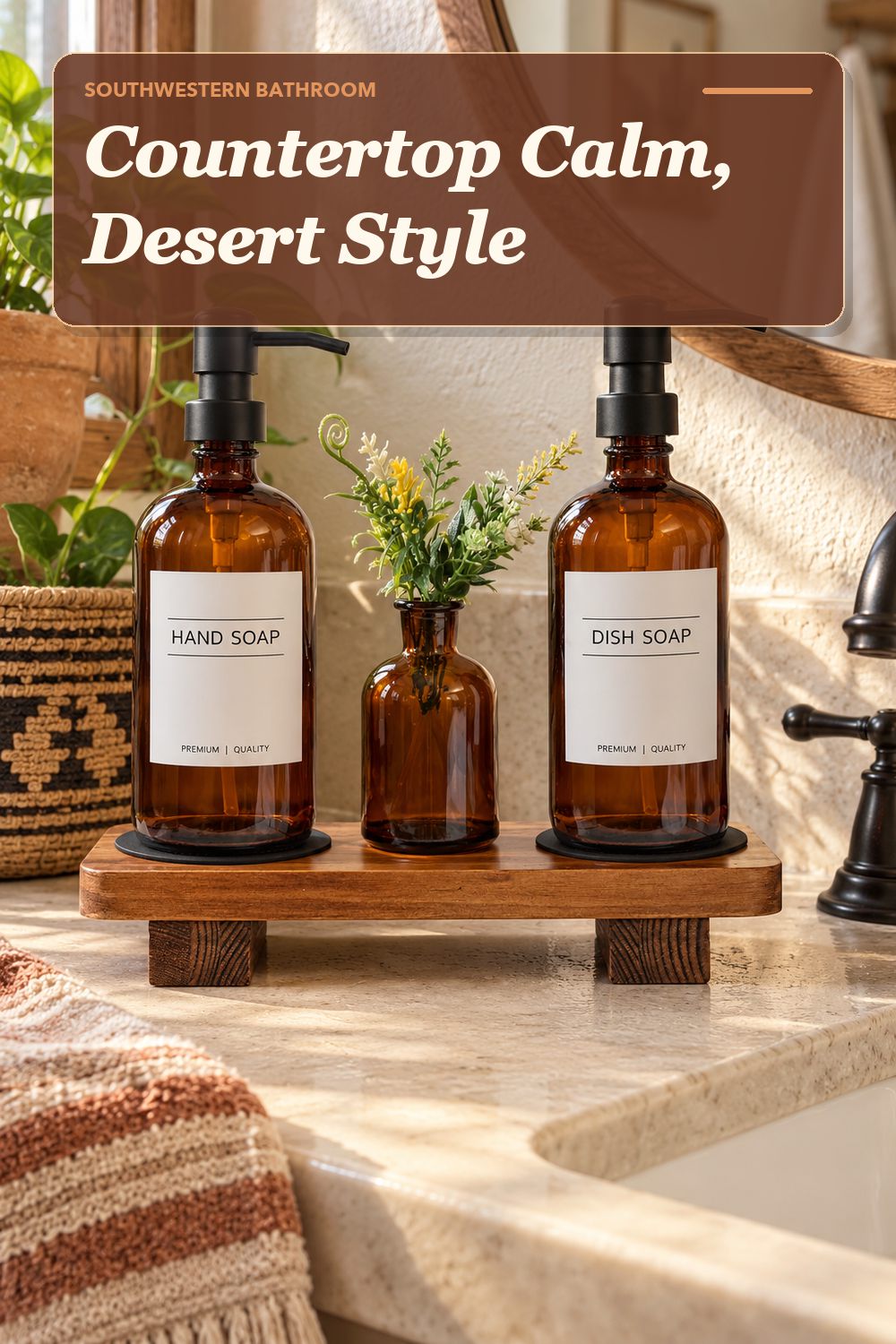A bathroom accessory set used in a warm, lived-in bathroom with soft natural light and practical everyday styling.
