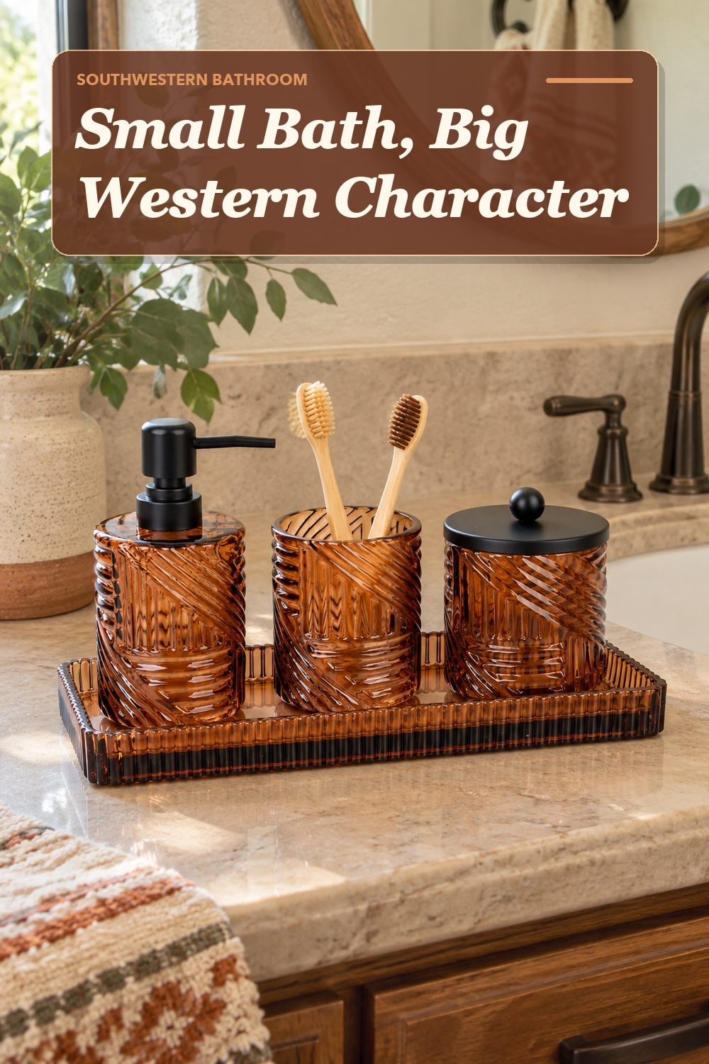 A bathroom accessory set used in a warm, lived-in bathroom with soft natural light and practical everyday styling.