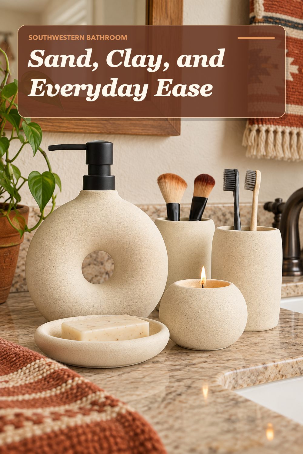 A bathroom accessory set used in a warm, lived-in bathroom with soft natural light and practical everyday styling.