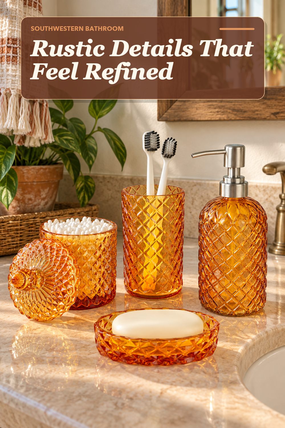 A bathroom accessory set used in a warm, lived-in bathroom with soft natural light and practical everyday styling.