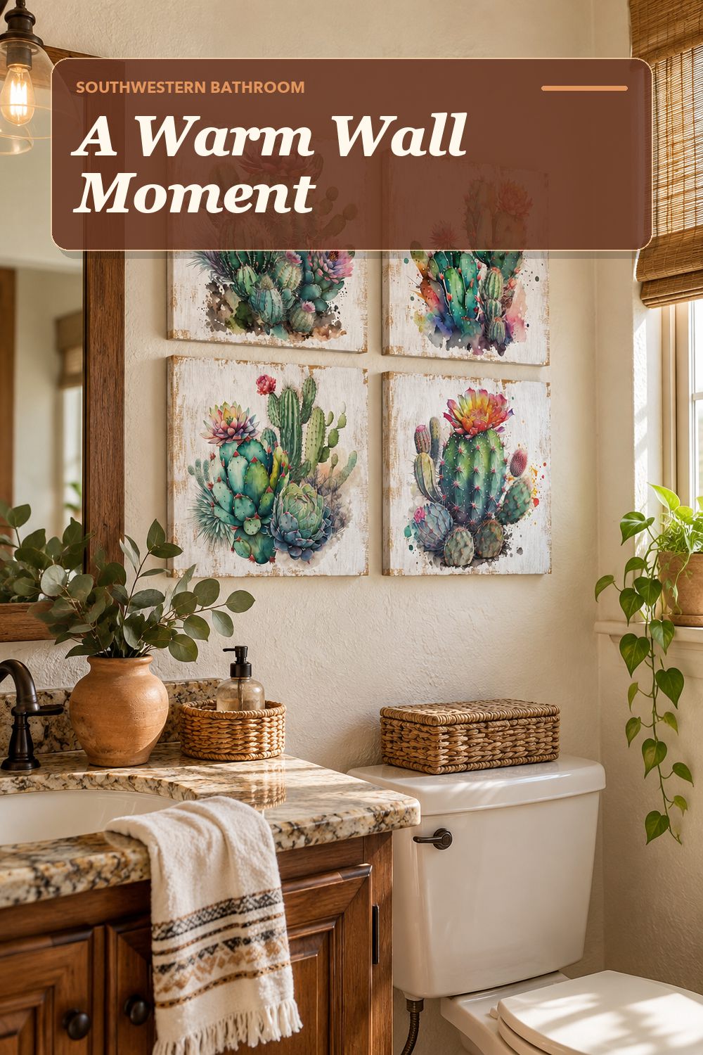 A Southwestern wall art used in a warm, lived-in bathroom with soft natural light and practical everyday styling.