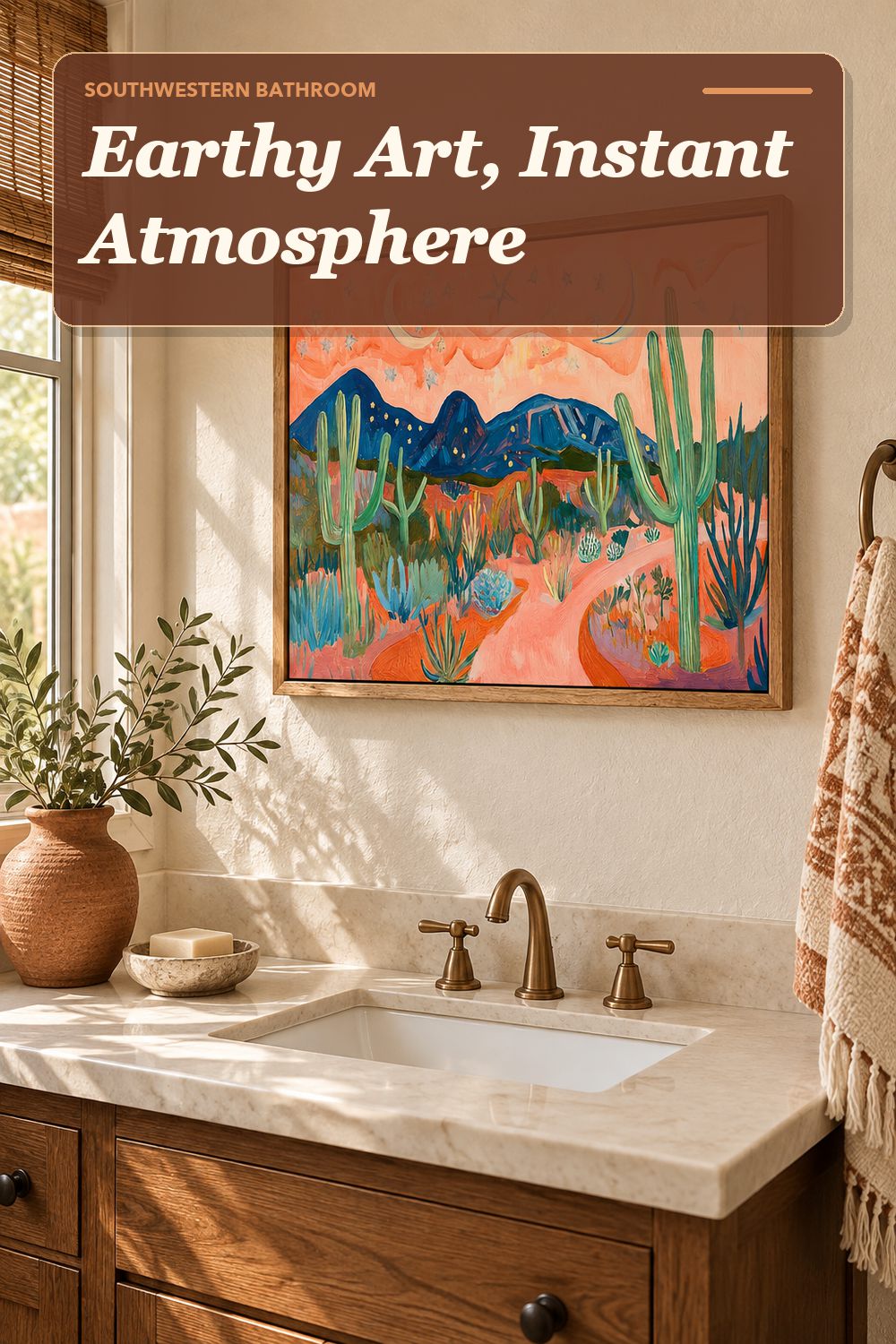 A Southwestern wall art used in a warm, lived-in bathroom with soft natural light and practical everyday styling.