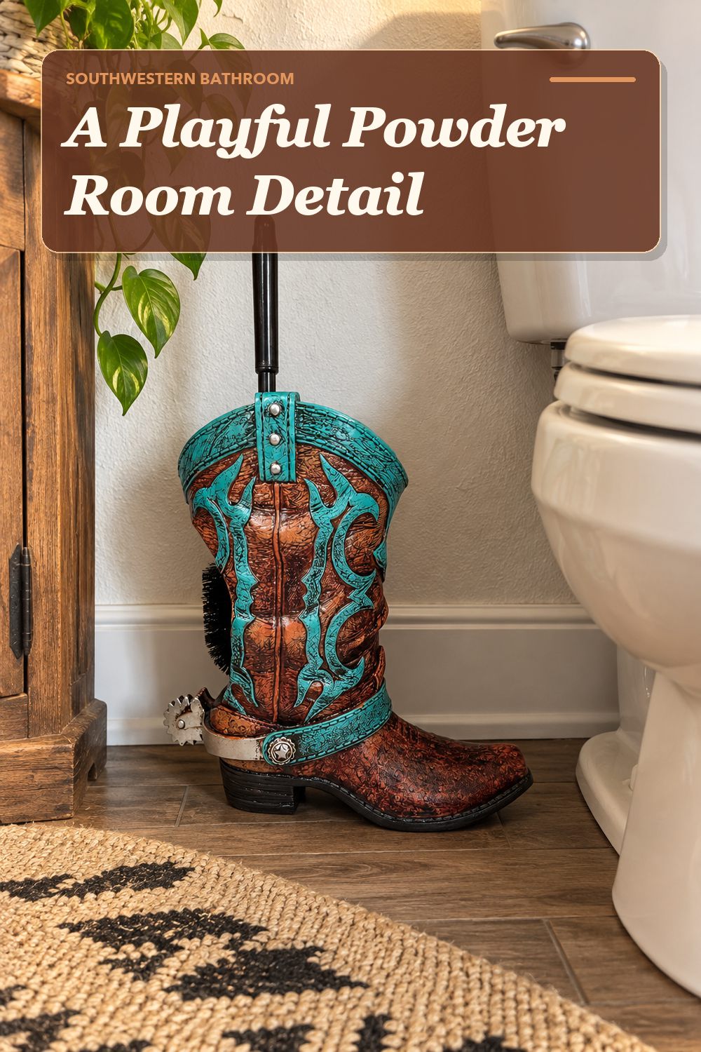 A novelty toilet brush holder used in a warm, lived-in bathroom with soft natural light and practical everyday styling.