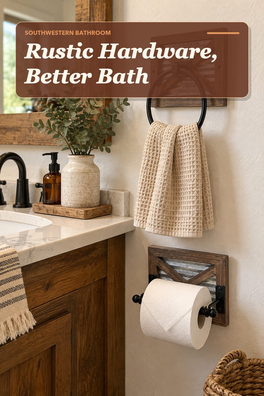 A rustic bathroom hardware set used in a warm, lived-in bathroom with soft natural light and practical everyday styling.