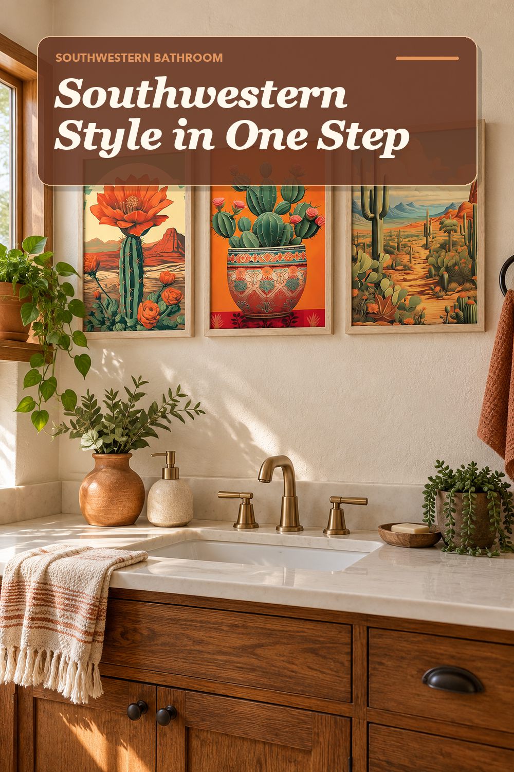 A Southwestern wall art used in a warm, lived-in bathroom with soft natural light and practical everyday styling.