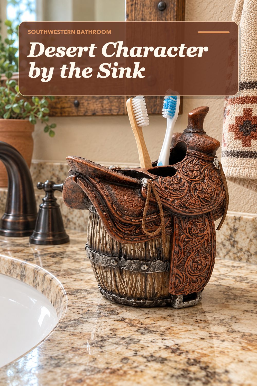 A decorative toothbrush holder used in a warm, lived-in bathroom with soft natural light and practical everyday styling.