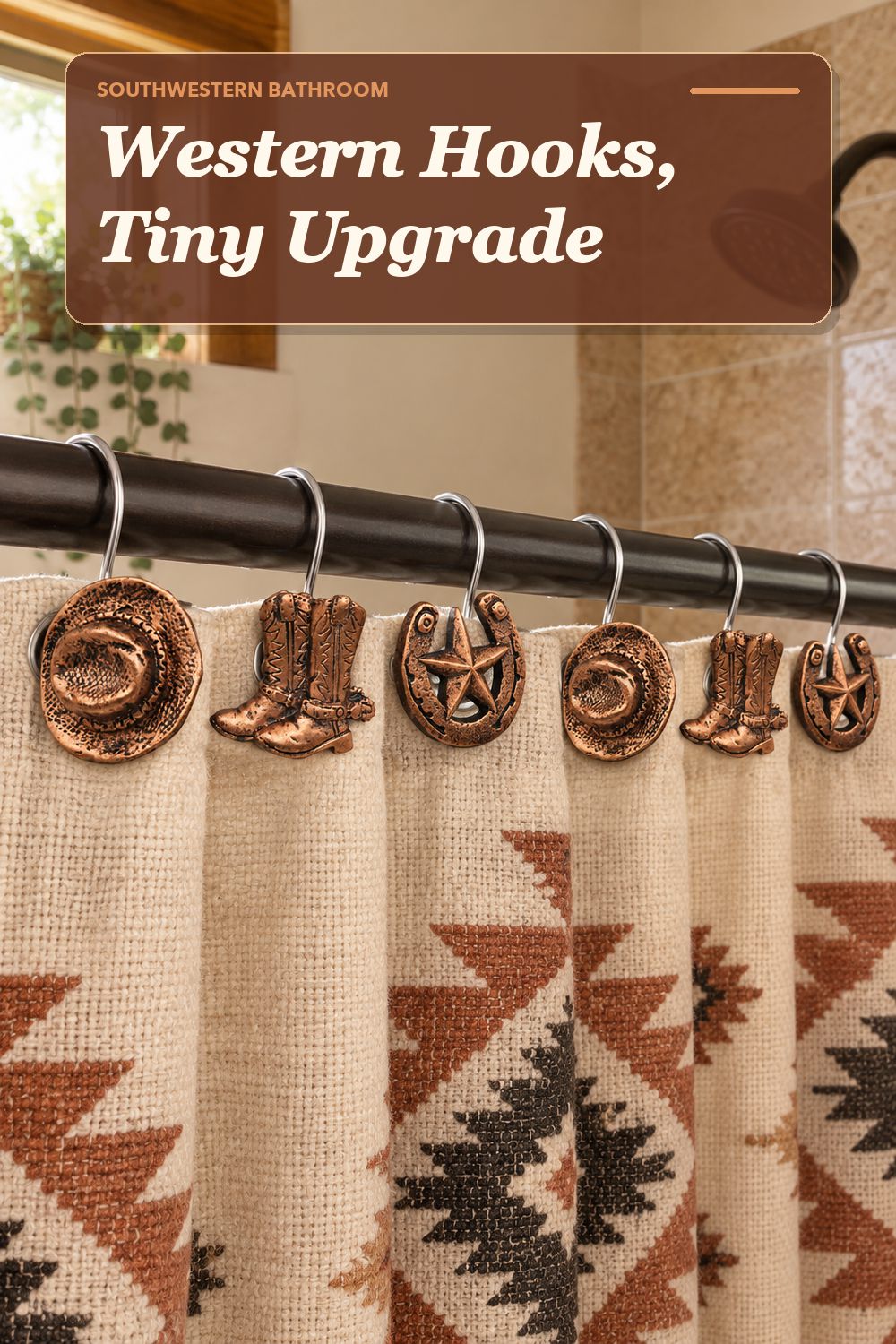 A decorative shower hooks used in a warm, lived-in bathroom with soft natural light and practical everyday styling.