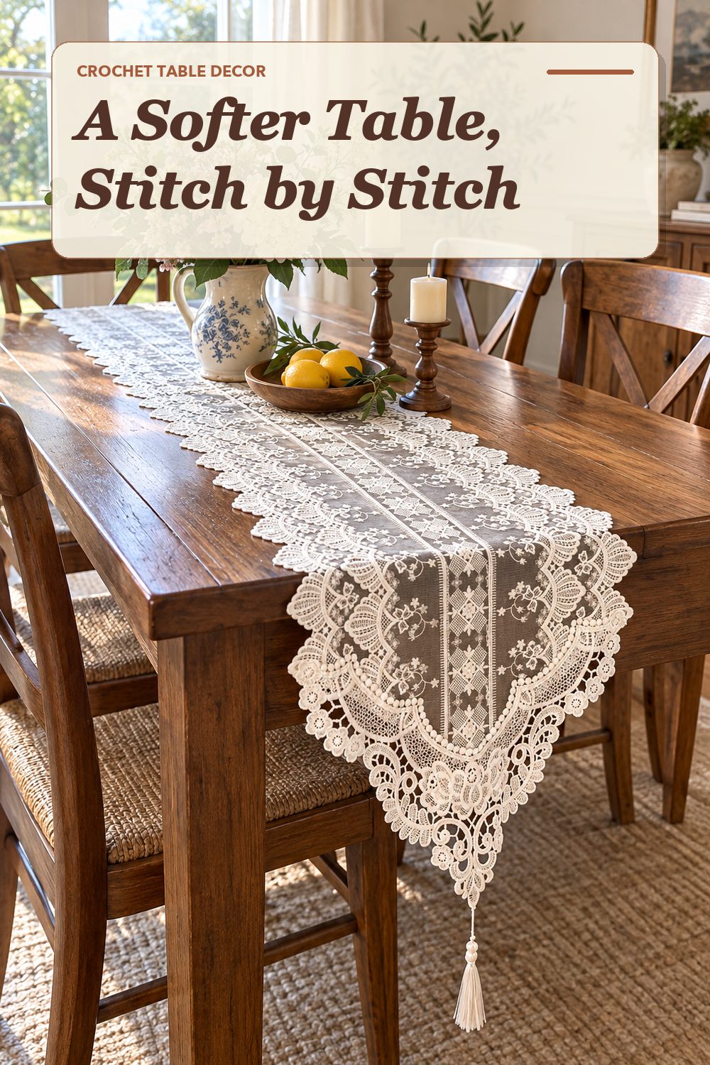 A crochet table runner used in a relaxed dining area with soft natural light and practical everyday styling.