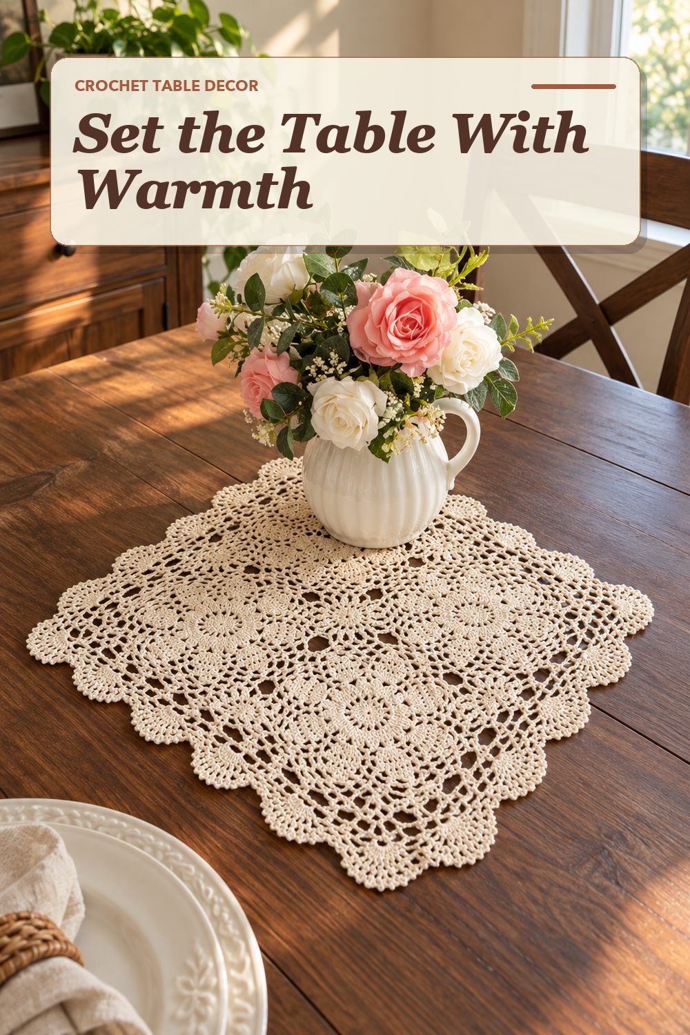 A crochet placemat set used in a relaxed dining area with soft natural light and practical everyday styling.