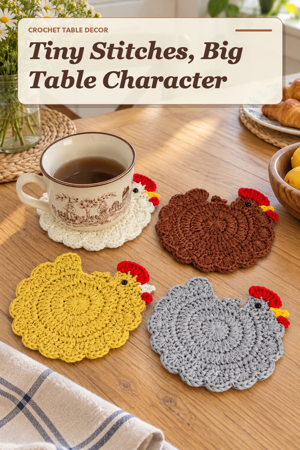 A crochet coaster set used in a relaxed dining area with soft natural light and practical everyday styling.