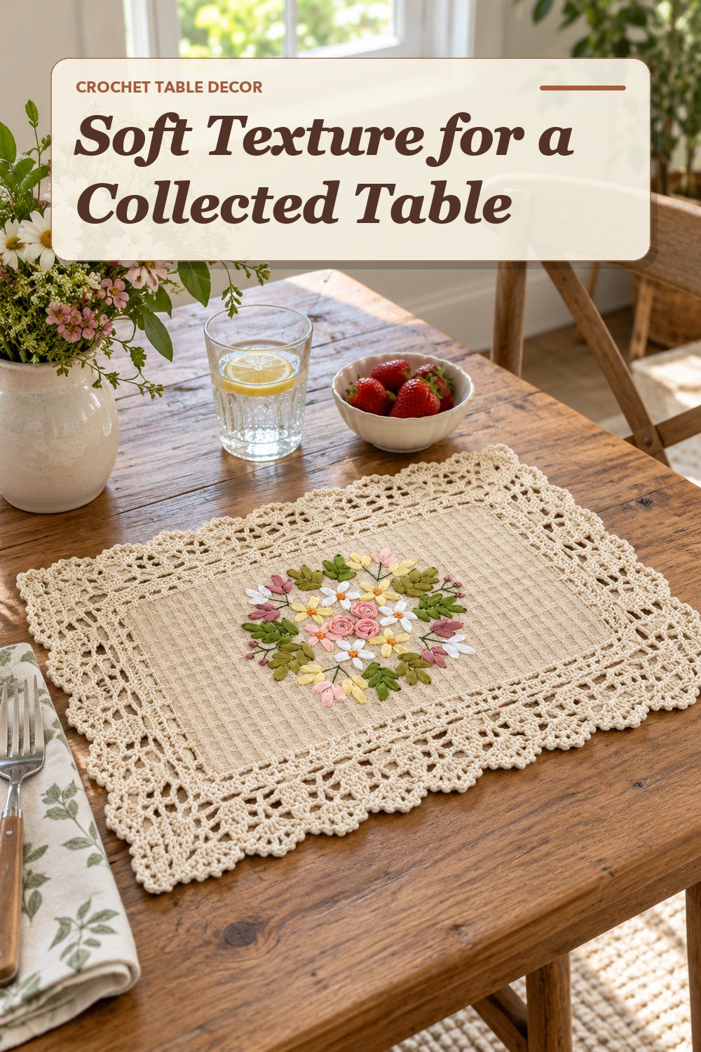A crochet placemat set used in a relaxed dining area with soft natural light and practical everyday styling.