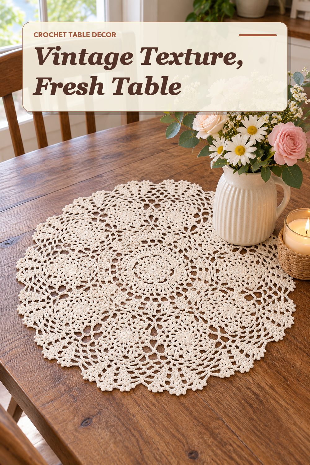 A crochet doily set used in a relaxed dining area with soft natural light and practical everyday styling.
