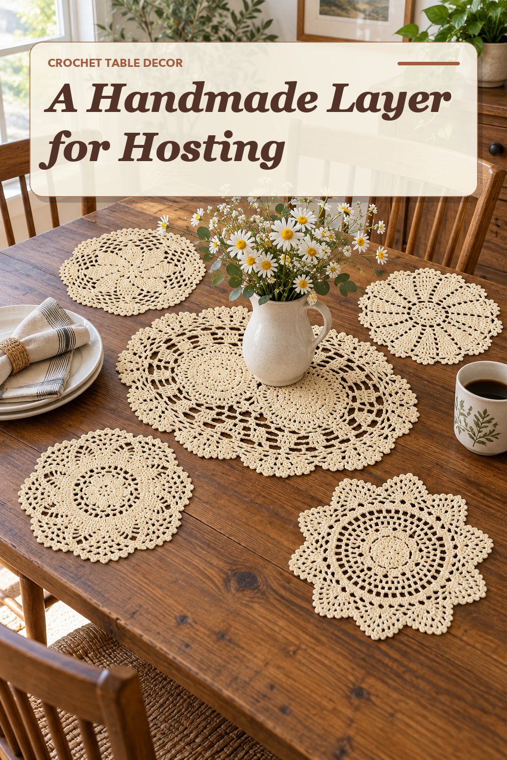 A crochet doily set used in a relaxed dining area with soft natural light and practical everyday styling.