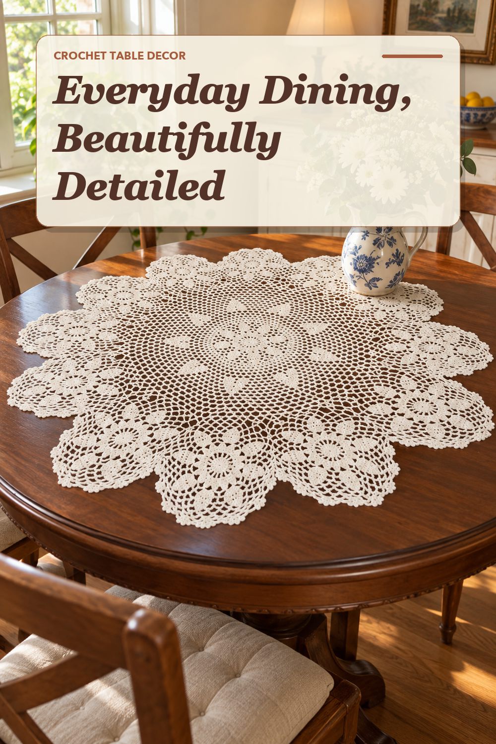A crochet tablecloth used in a relaxed dining area with soft natural light and practical everyday styling.