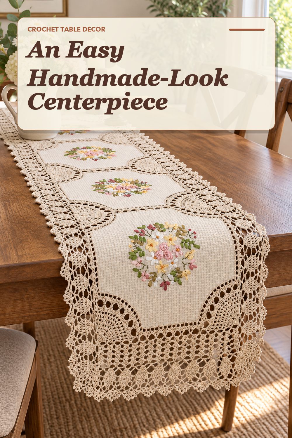 A crochet table runner used in a relaxed dining area with soft natural light and practical everyday styling.