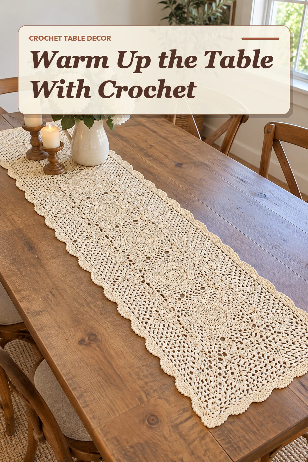 A crochet table runner used in a relaxed dining area with soft natural light and practical everyday styling.