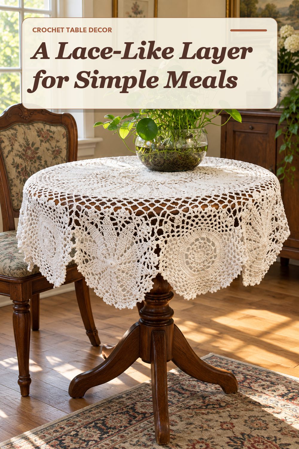 A crochet tablecloth used in a relaxed dining area with soft natural light and practical everyday styling.