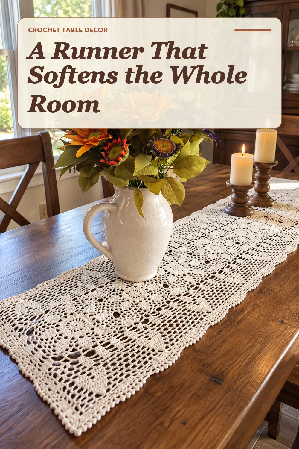 A crochet table runner used in a relaxed dining area with soft natural light and practical everyday styling.