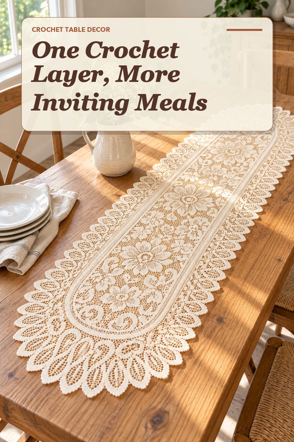 A crochet table runner used in a relaxed dining area with soft natural light and practical everyday styling.