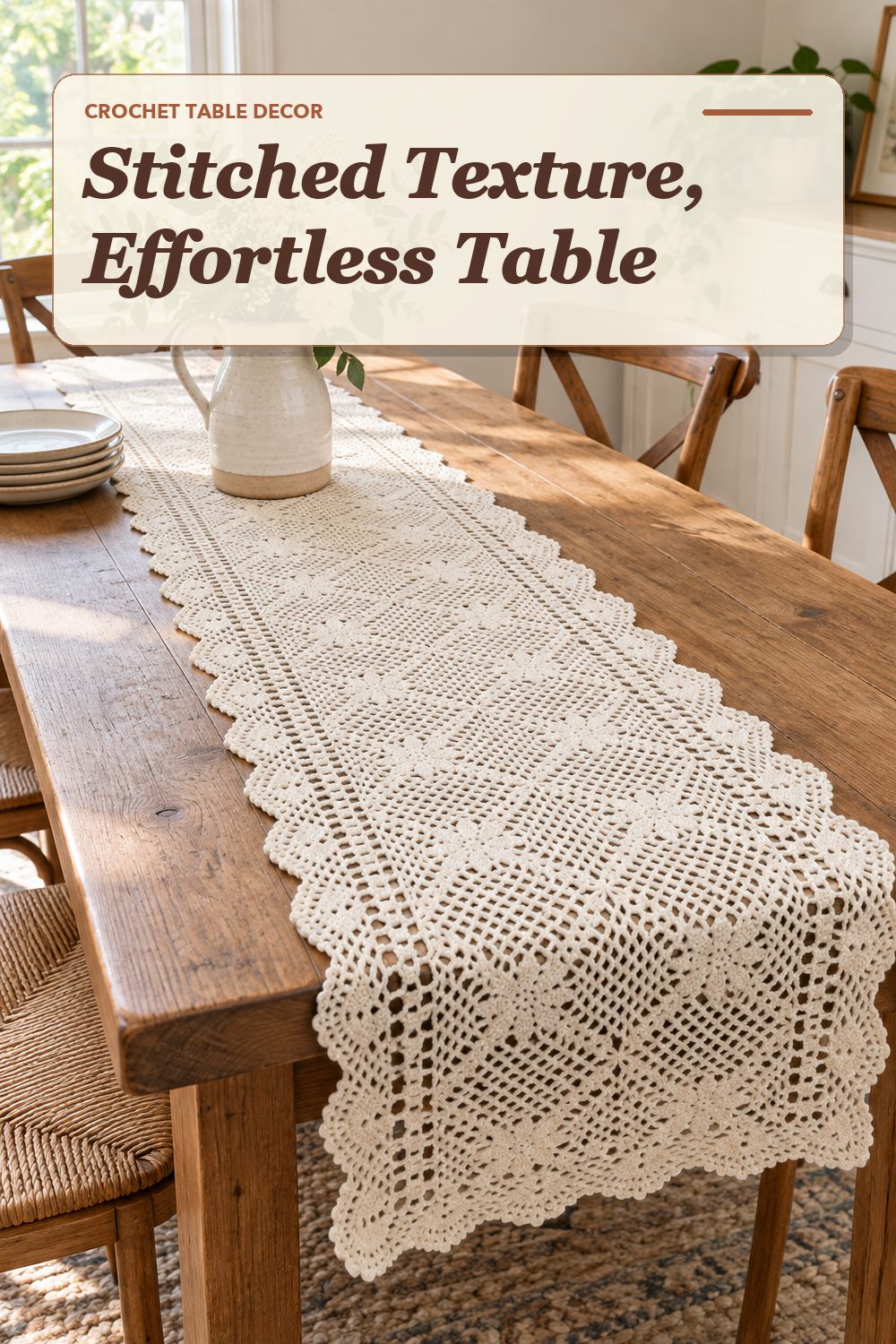 A crochet table runner used in a relaxed dining area with soft natural light and practical everyday styling.