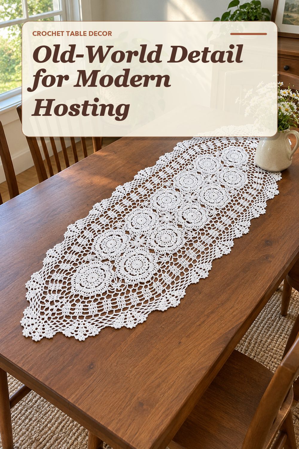 A crochet table runner used in a relaxed dining area with soft natural light and practical everyday styling.